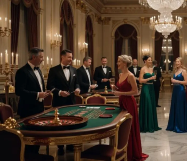 Elegancka aranżacja wieczoru w stylu kasyna z luksusowymi stołami i oświetleniem.