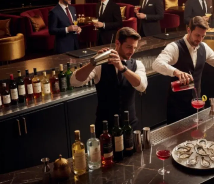 Elegancki bar koktajlowy z barmanami przygotowującymi autorskie drinki podczas luksusowego eventu