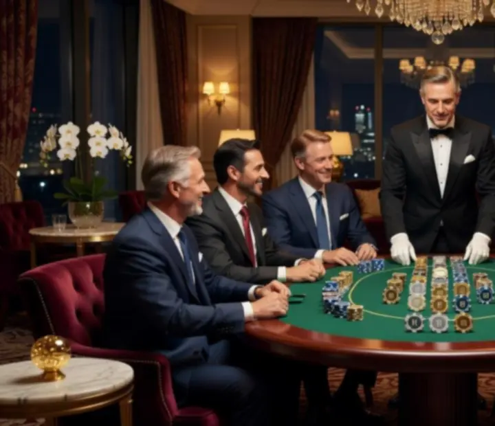 Elegancki stół pokerowy podczas przyjęcia z gośćmi w wieczorowych stylizacjach