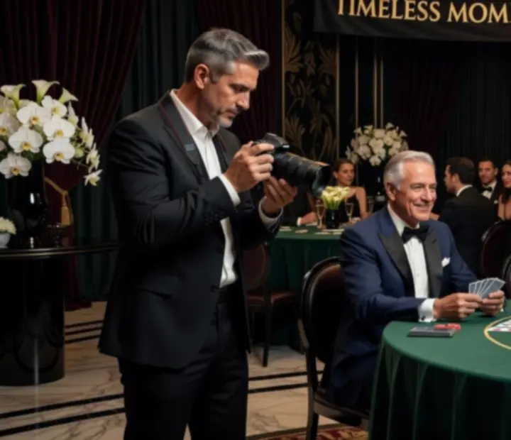 Fotograf wykonujący zdjęcia na ekskluzywnym evencie VIP w nastrojowym oświetleniu.