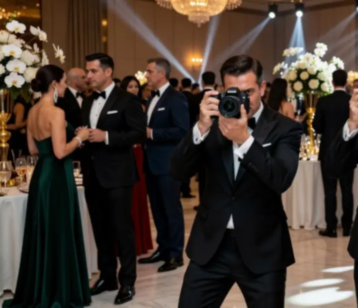 Zespół fotografów i operatorów video rejestrujący elegancki event wieczorny