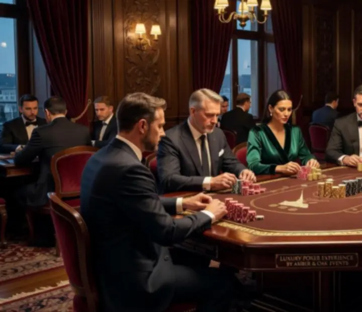 Cinematiczne ujęcie eleganckiej sali z profesjonalnymi stołami pokerowymi i dekoracjami świetlnymi