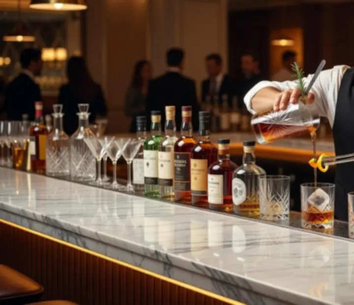 Ekskluzywny koktajlowy bar z eleganckimi drinkami podczas wieczornego eventu.