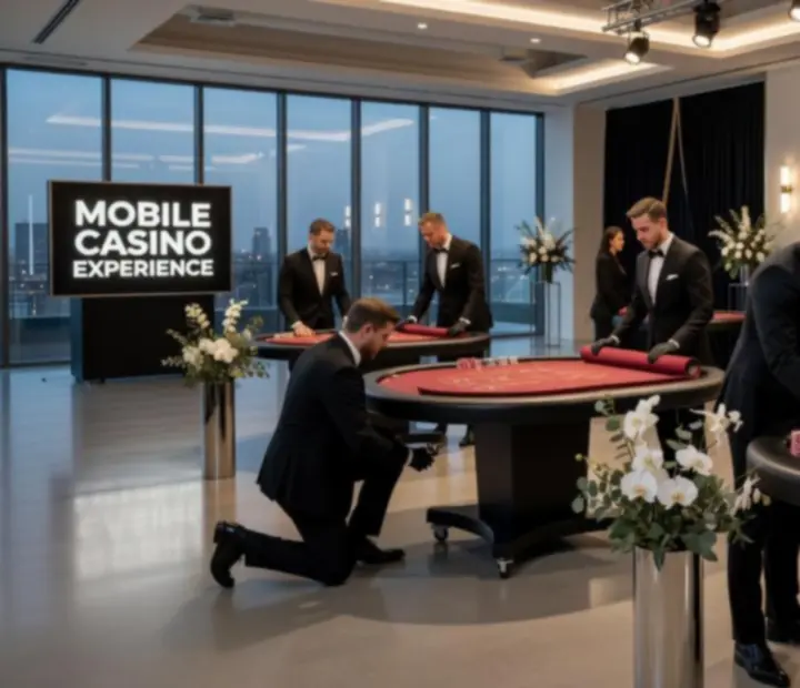 Profesjonalne mobilne stoły do gier ustawione w eleganckiej sali bankietowej