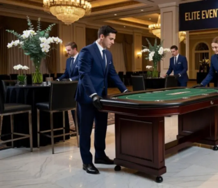 Profesjonalna obsługa dostarczająca stoły pokerowe i akcesoria do hotelu na event