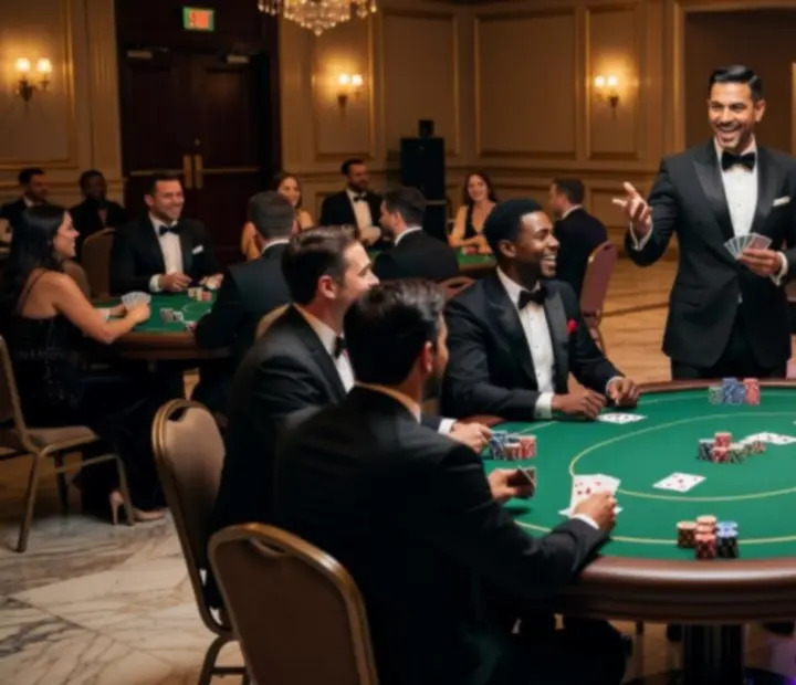 Goście podczas eleganckiego wieczoru pokerowego z muzyką na żywo i wyrafinowanym oświetleniem