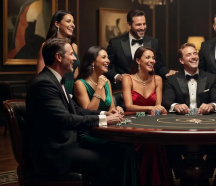 Goście w eleganckich stylizacjach podczas luksusowego wieczoru pokerowego