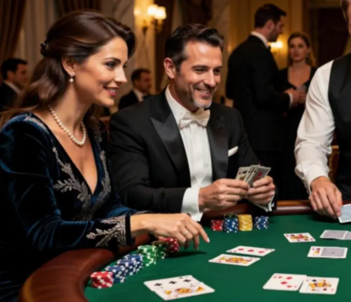 Eleganckie stoły pokerowe z gośćmi bawiącymi się symbolicznymi żetonami podczas wieczornego eventu