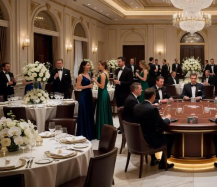 Elegancka gala firmowa z luksusową oprawą świetlną i stołami do gier