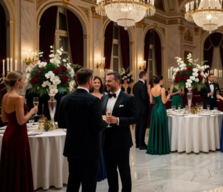 Elegancka sala balowa przygotowana na luksusowy wieczorny event z oświetleniem i stołami do gier