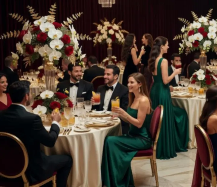 Luksusowa gala wieczorna z elegancką aranżacją stołów, efektownym oświetleniem i strefą VIP